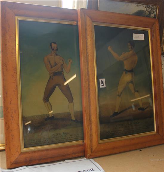 Pair boxing paintings on glass